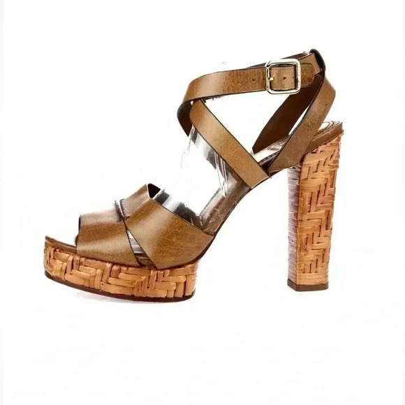 Tory Burch Cella Cognac Brown Leather Strappy Platforms Sandal Size 6.5 - Picture 3 of 11